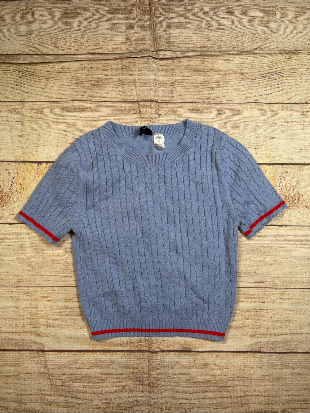 Varisty Stripe Preppy Academia Powder Blue Cable Knit Short Sleeve Sweater‎